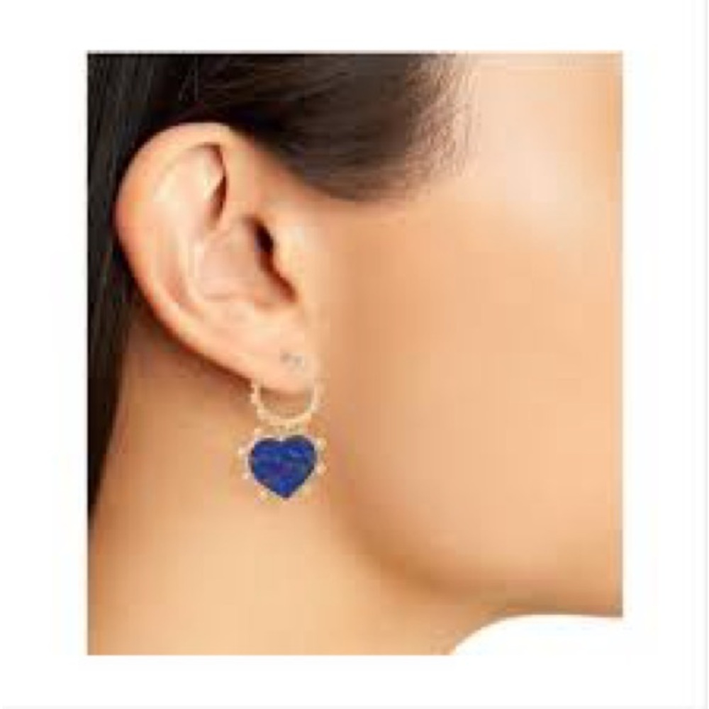 Tory Burch Semi-Precious Blue Lapis Gold Tone Studded Heart Drop Earrings